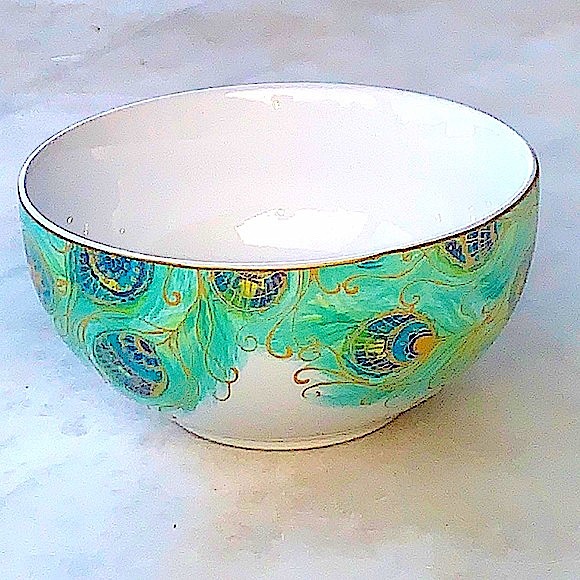 222 FIFTH LAKSHMI CEREAL SOUP BOWL PEACOCK FEATHERS PORCELAIN NEW - Picture 4 of 6